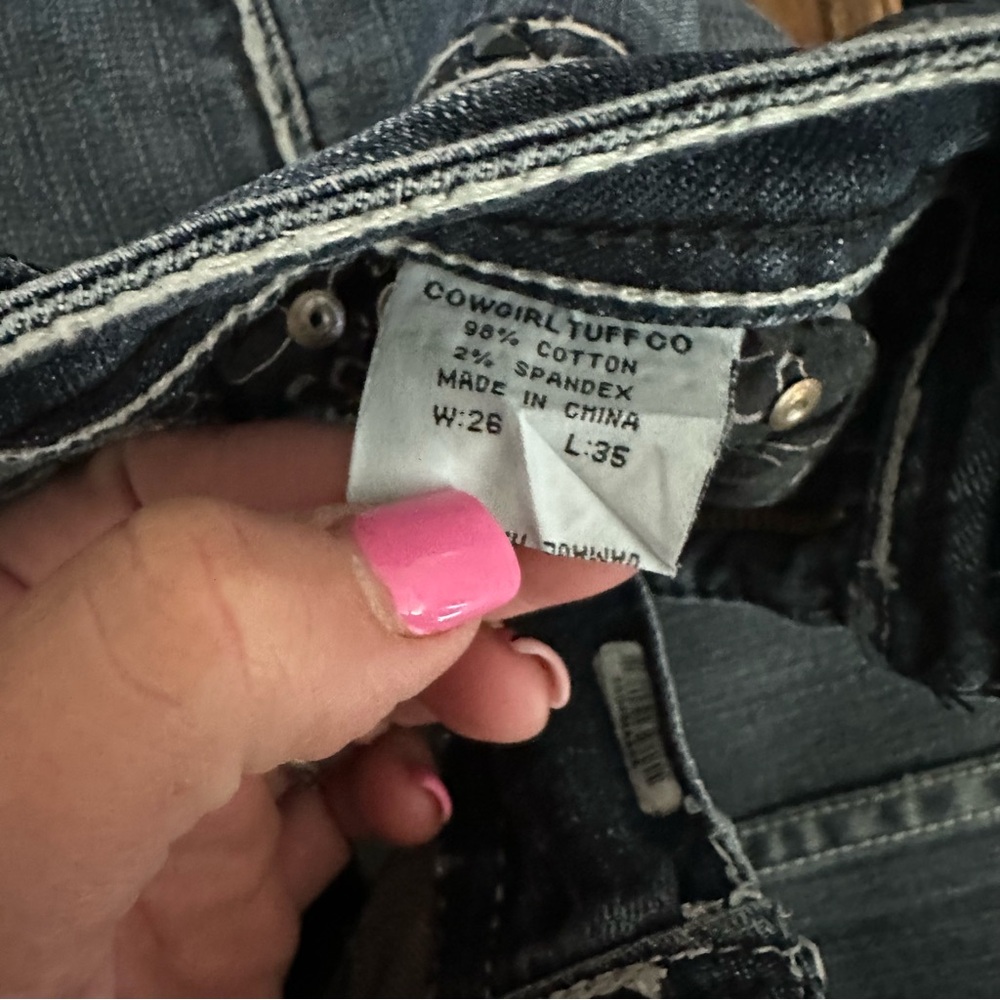 Cowgirl Tuff Hot Stuff Dark Blue Bootcut Jeans Heavy Starched 26x35 - Picture 9 of 9